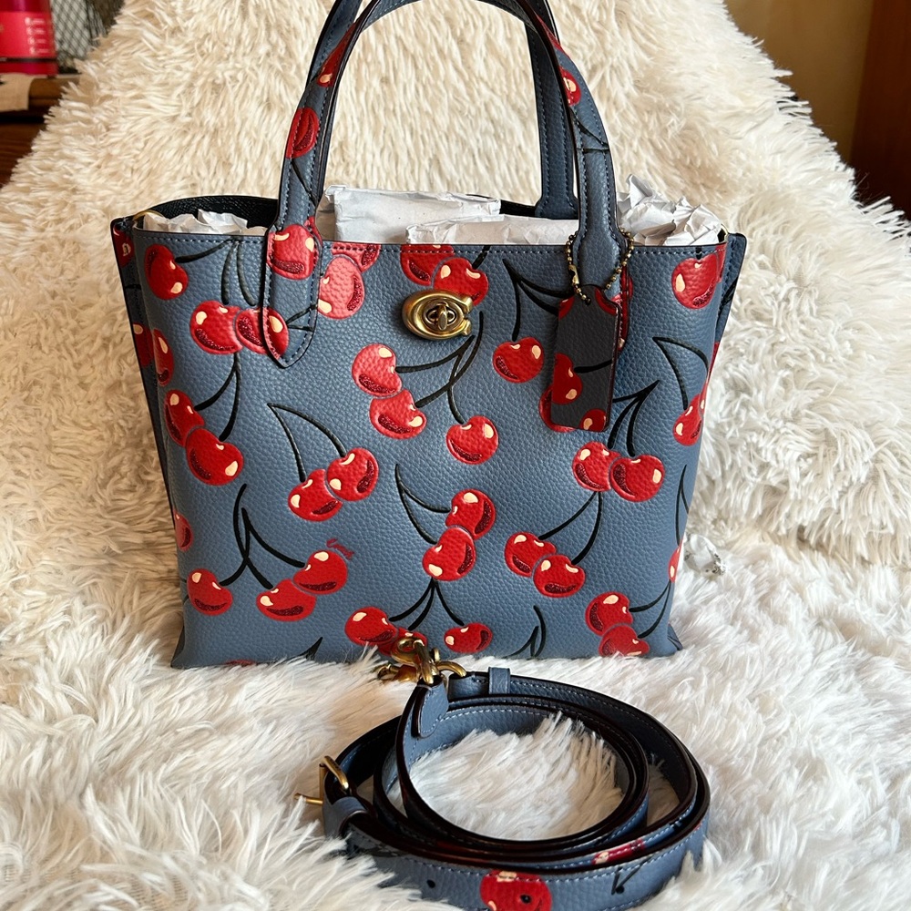 GORGEOUS Coach Blue and Red Cherry Print Bag Purse Tote + Extra long strap